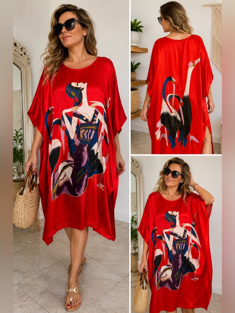SAIDEMEI Red Art Print Silky Kaftan One Size Kimono Cover Up